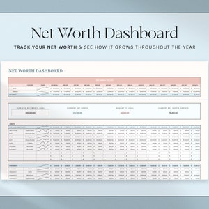 May include: A digital net worth dashboard with the title "Net Worth Dashboard" and the text "Track your net worth & see how it grows throughout the year". The dashboard displays financial data in a table format.