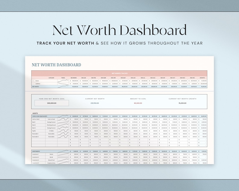 May include: A digital net worth dashboard with the title "Net Worth Dashboard" and the text "Track your net worth & see how it grows throughout the year". The dashboard displays financial data in a table format.