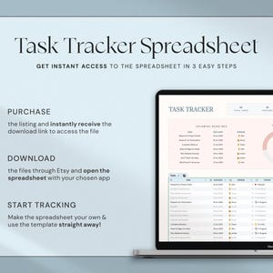 K&ouml;nnte beinhalten: Ein Laptop zeigt eine Task-Tracker-Tabelle mit einem rosa und wei&szlig;en Design. Der Bildschirm zeigt bevorstehende Fristen und den Fortschritt an. Auf dem Bildschirm steht "Task Tracker" und "Erhalten Sie sofortigen Zugriff auf die Tabelle in 3 einfachen Schritten."