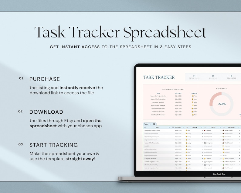 K&ouml;nnte beinhalten: Ein Laptop zeigt eine Task-Tracker-Tabelle mit einem rosa und wei&szlig;en Design. Der Bildschirm zeigt bevorstehende Fristen und den Fortschritt an. Auf dem Bildschirm steht "Task Tracker" und "Erhalten Sie sofortigen Zugriff auf die Tabelle in 3 einfachen Schritten."