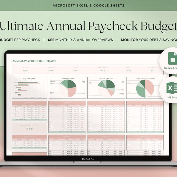 Bilancio dello stipendio settimanale annuale Pianificatore del budget bisettimanale Fogli Google Excel Budget mensile Coppia Finanza familiare Cruscotto Stipendio bisettimanale