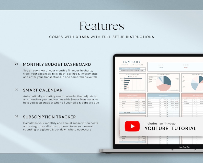 Op de afbeelding: Een MacBook Pro toont een digitale budgetplanner met grafieken. Het scherm toont een maandelijks budgetdashboard, een slimme kalender en een abonnemententracker. Tekst op het scherm luidt "Januari" en "Inclusief een diepgaande YouTube-tutorial."