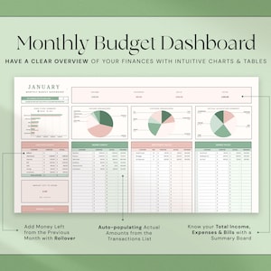 May include: A digital monthly budget dashboard with a clean, organized layout. The design features charts, tables, and sections for income, expenses, and bills. Text includes "Monthly Budget Dashboard" and "Have a clear overview of your finances with intuitive charts & tables."