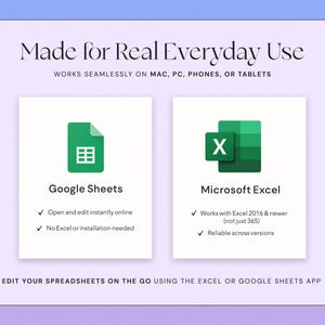 K&ouml;nnte beinhalten: Ein Bild mit dem Text "Made for Real Everyday Use" und den Logos f&uuml;r Google Sheets und Microsoft Excel. Das Google Sheets-Logo ist ein gr&uuml;nes Dokument mit einem Raster, und das Excel-Logo ist ein gr&uuml;nes "X". Der Text besagt, dass die Apps auf mehreren Ger&auml;ten funktionieren.