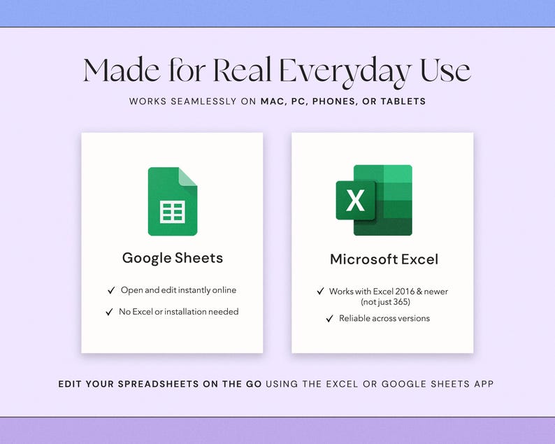 K&ouml;nnte beinhalten: Ein Bild mit dem Text "Made for Real Everyday Use" und den Logos f&uuml;r Google Sheets und Microsoft Excel. Das Google Sheets-Logo ist ein gr&uuml;nes Dokument mit einem Raster, und das Excel-Logo ist ein gr&uuml;nes "X". Der Text besagt, dass die Apps auf mehreren Ger&auml;ten funktionieren.