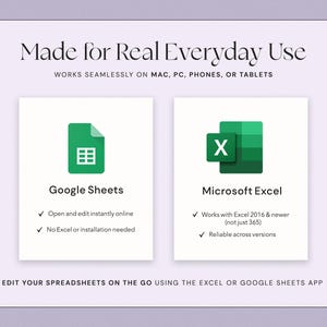 K&ouml;nnte beinhalten: Helllila Grafik mit dem Text "Made for Real Everyday Use" und zwei rechteckigen Bildern. Das erste Bild zeigt das Google Sheets-Logo und das zweite das Microsoft Excel-Logo. Der Text darunter lautet "Bearbeiten Sie Ihre Tabellen unterwegs mit der Excel- oder Google Sheets-App."