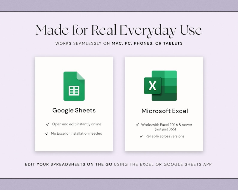 K&ouml;nnte beinhalten: Helllila Grafik mit dem Text "Made for Real Everyday Use" und zwei rechteckigen Bildern. Das erste Bild zeigt das Google Sheets-Logo und das zweite das Microsoft Excel-Logo. Der Text darunter lautet "Bearbeiten Sie Ihre Tabellen unterwegs mit der Excel- oder Google Sheets-App."