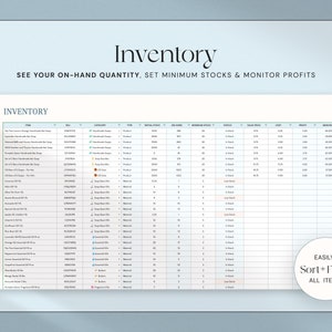 May include: A digital inventory management spreadsheet with the title "Inventory" at the top. The spreadsheet includes columns for item, category, type, initial stock, on hand, minimum stock, status, sales price, cost, profit, and margin. The text "SEE YOUR ON-HAND QUANTITY, SET MINIMUM STOCKS & MONITOR PROFITS" is above the spreadsheet.