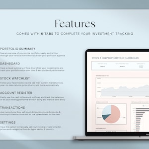 May include: A laptop screen displays a stock and crypto portfolio dashboard with charts and data. The screen is next to a list of features, including portfolio summary, dashboard, stock watchlist, account register, transactions, and settings.