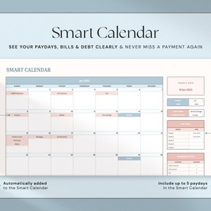 Op de afbeelding: Een digitale Smart Calendar sjabloon met een lichtblauw en roze kleurenschema. De kalender toont de maand januari 2023, met secties voor salarisdagen, rekeningen en schulden. De tekst bevat "Smart Calendar" en "See your paydays, bills & debt clearly & never miss a payment again."