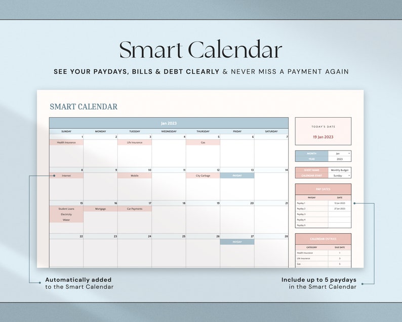 Op de afbeelding: Een digitale Smart Calendar sjabloon met een lichtblauw en roze kleurenschema. De kalender toont de maand januari 2023, met secties voor salarisdagen, rekeningen en schulden. De tekst bevat "Smart Calendar" en "See your paydays, bills & debt clearly & never miss a payment again."