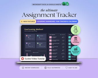Assignment Tracker Academic Student Planner Google Sheets Excel Template Study Planner Spreadsheet University College Aesthetic Dark Mode