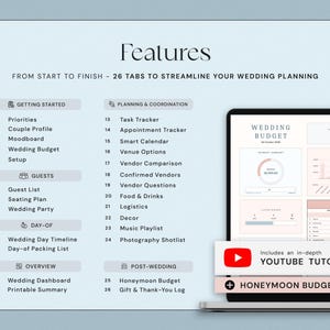 May include: A digital wedding planning guide with 26 tabs to streamline the process, including sections for getting started, guests, day-of, and post-wedding. The guide features a wedding budget template and includes a YouTube tutorial.