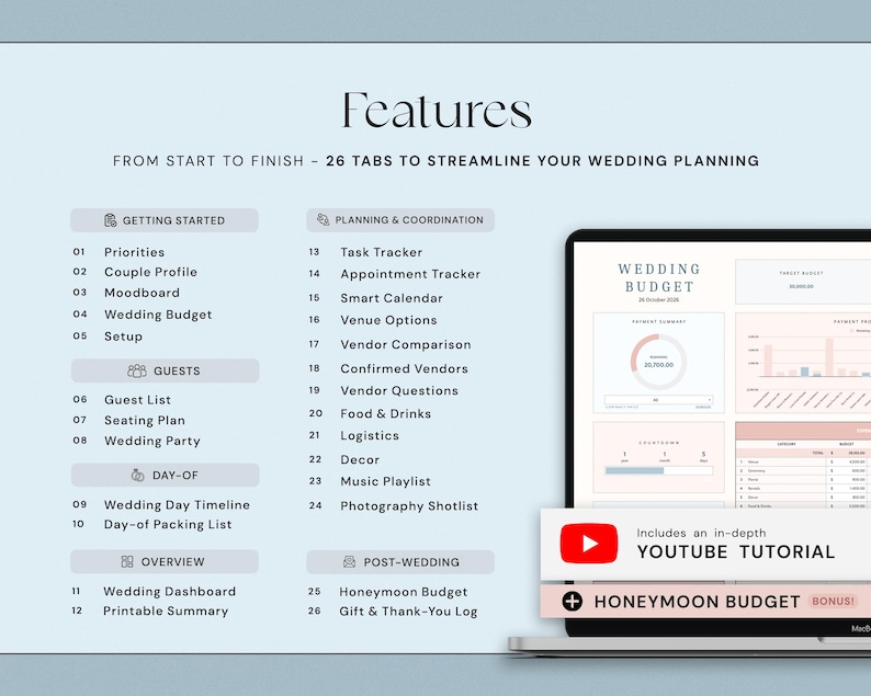 May include: A digital wedding planning guide with 26 tabs to streamline the process, including sections for getting started, guests, day-of, and post-wedding. The guide features a wedding budget template and includes a YouTube tutorial.