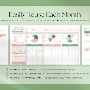 May include: A digital spreadsheet template with a green and pink color scheme. The template includes sections for monthly reports, income, expenses, and a smart calendar. Text on the image reads "Easily Reuse Each Month" and "Works with any currency."