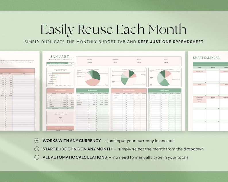 May include: A digital spreadsheet template with a green and pink color scheme. The template includes sections for monthly reports, income, expenses, and a smart calendar. Text on the image reads "Easily Reuse Each Month" and "Works with any currency."