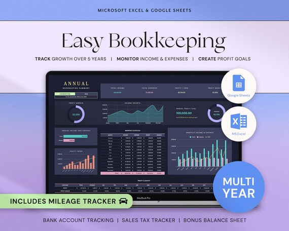 Bookkeeping Template Small Business Spreadsheet Income Expense Tracker Accounting Spreadsheet Google Sheets Excel Profit and Loss Dark Mode