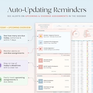 May include: A digital interface displays an assignment tracker with the text "Auto-Updating Reminders." The interface shows upcoming and overdue assignments, with alerts and a clear list of deadlines. The interface includes a calendar icon and a progress bar.