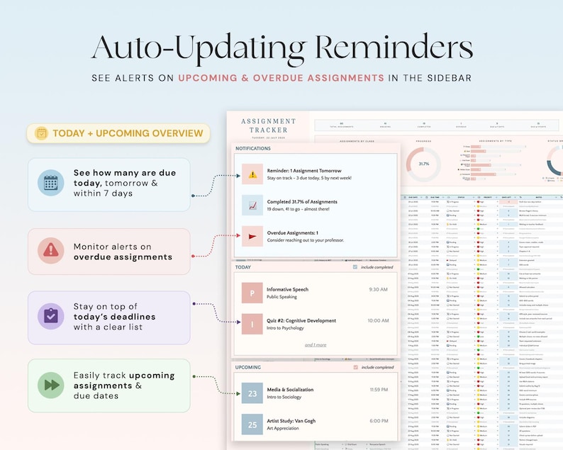 May include: A digital interface displays an assignment tracker with the text "Auto-Updating Reminders." The interface shows upcoming and overdue assignments, with alerts and a clear list of deadlines. The interface includes a calendar icon and a progress bar.
