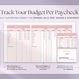 K&ouml;nnte beinhalten: Eine anpassbare Budgetvorlage mit dem Text "Track Your Budget Per Paycheck". Die Vorlage enth&auml;lt Abschnitte f&uuml;r Ausgaben, Rechnungen, Schulden, Ersparnisse und Investitionen. Sie zeigt eine Zusammenfassung des Budgetfortschritts und erm&ouml;glicht die Festlegung von Budgets pro Gehaltsscheck.