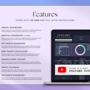 Peut inclure: Un &eacute;cran d'ordinateur portable affiche un tableau de bord financier avec des graphiques et des tableaux. L'&eacute;cran affiche le mot "Janvier" et comprend un tutoriel YouTube. Le texte met en &eacute;vidence des fonctionnalit&eacute;s telles que les tableaux de bord annuels et mensuels.