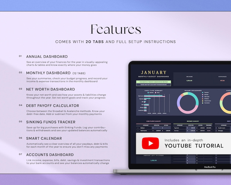 Peut inclure: Un &eacute;cran d'ordinateur portable affiche un tableau de bord financier avec des graphiques et des tableaux. L'&eacute;cran affiche le mot "Janvier" et comprend un tutoriel YouTube. Le texte met en &eacute;vidence des fonctionnalit&eacute;s telles que les tableaux de bord annuels et mensuels.