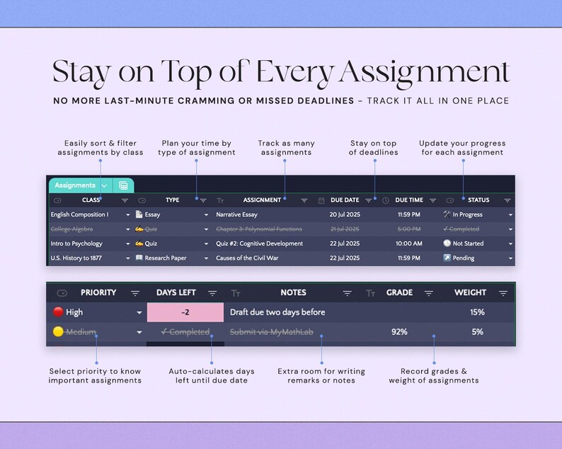 Assignment Tracker Academic Student Planner Google Sheets Excel ...