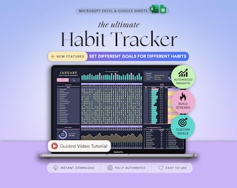 Rastreador de hábitos Excel Hojas de cálculo de Google Planificador de hábitos Planificador semanal de objetivos y hábitos Rastreador digital de rutina diaria Lista de tareas Gestión mensual del tiempo