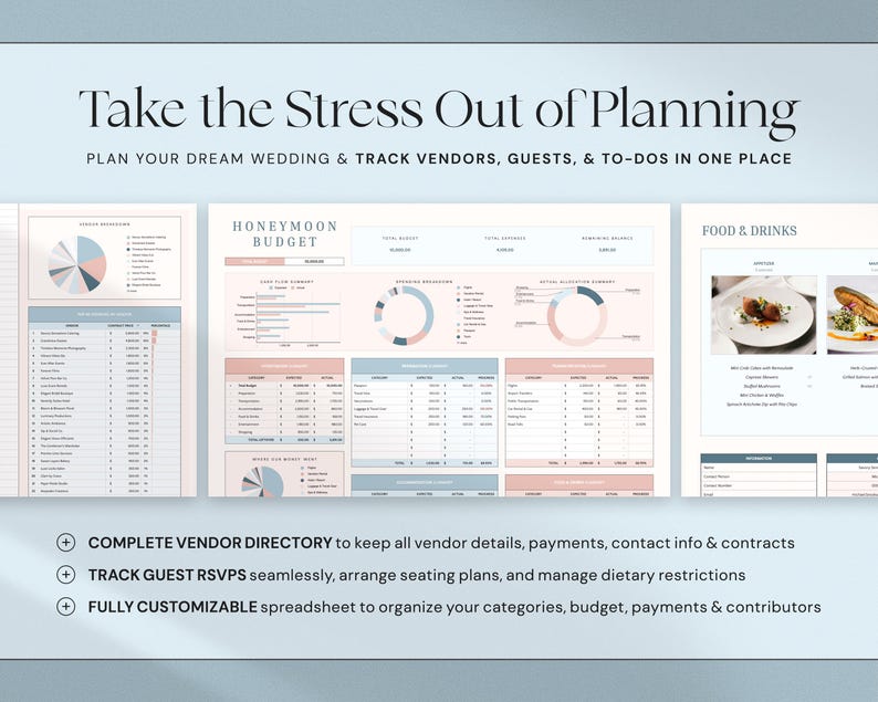 May include: A digital wedding planner with spreadsheets for vendor directories, guest RSVPs, and budget tracking. The planner includes charts and tables with a soft color palette and the text "Take the Stress Out of Planning."