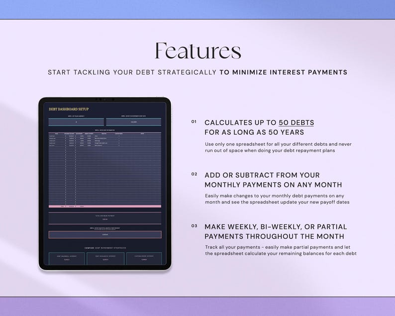May include: A digital debt dashboard displayed on a tablet. The screen shows a spreadsheet with various fields and the text "Features" at the top. The text highlights features like calculating debts, adjusting payments, and tracking payments.
