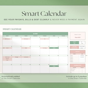 May include: A digital Smart Calendar with a green and pink color scheme. The calendar displays the month of January 2023, with sections for paydays, bills, and debt. Text on the calendar includes "Health Insurance," "Life Insurance," and "Gas."