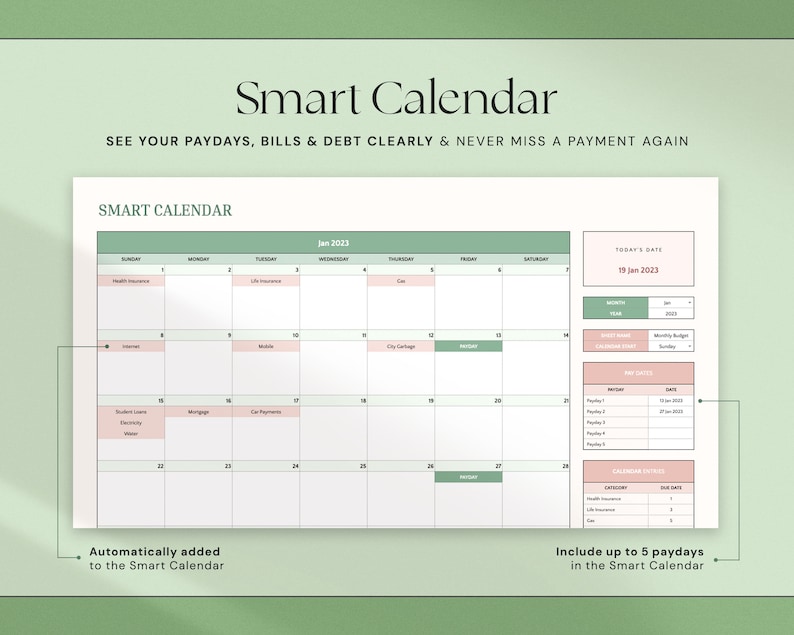 May include: A digital Smart Calendar with a green and pink color scheme. The calendar displays the month of January 2023, with sections for paydays, bills, and debt. Text on the calendar includes "Health Insurance," "Life Insurance," and "Gas."