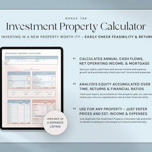 Puede incluir: Una tableta digital muestra una "Calculadora de Propiedades de Inversi&oacute;n" con tablas de datos financieros. El texto destaca las caracter&iacute;sticas: c&aacute;lculo de flujos de efectivo, an&aacute;lisis de capital y uso para cualquier propiedad. Disponible por separado.