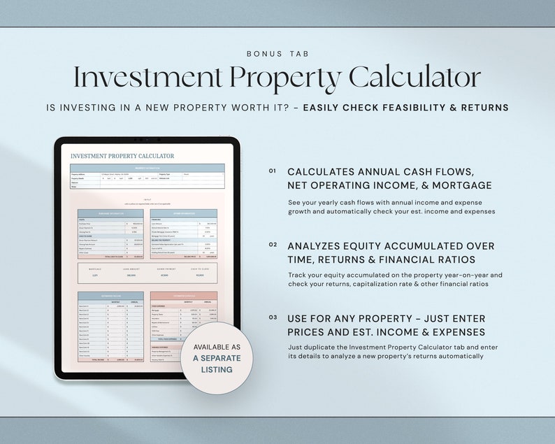 Puede incluir: Una tableta digital muestra una "Calculadora de Propiedades de Inversi&oacute;n" con tablas de datos financieros. El texto destaca las caracter&iacute;sticas: c&aacute;lculo de flujos de efectivo, an&aacute;lisis de capital y uso para cualquier propiedad. Disponible por separado.