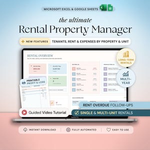 May include: A digital rental property management dashboard displayed on a laptop screen, featuring sections for rental overview, tenants, rent, and expenses. Text includes "The ultimate Rental Property Manager," "New Features," and "Guided Video Tutorial."