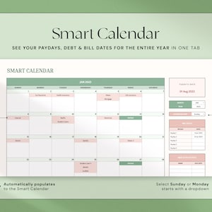 Op de afbeelding: Een digitale Smart Calendar met de tekst "Smart Calendar" bovenaan. De kalender toont de maand januari 2023, met vermeldingen van salarisdagen, schulden en factuurdata. De kalender staat op een lichtgroene achtergrond.