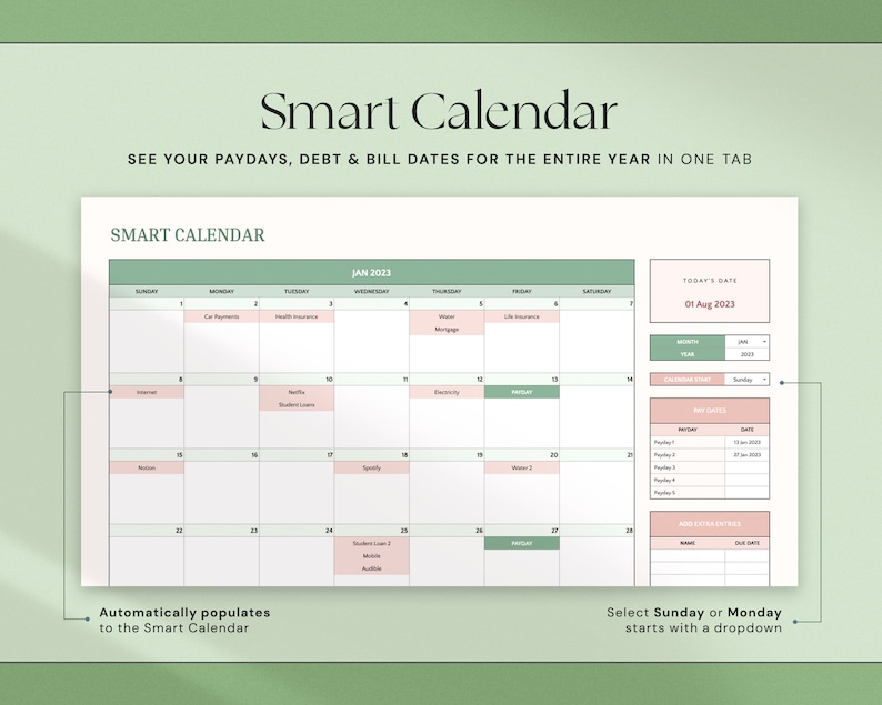 Op de afbeelding: Een digitale Smart Calendar met de tekst "Smart Calendar" bovenaan. De kalender toont de maand januari 2023, met vermeldingen van salarisdagen, schulden en factuurdata. De kalender staat op een lichtgroene achtergrond.