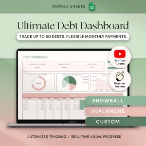 May include: A laptop screen displays a debt dashboard in Google Sheets. The dashboard tracks up to 50 debts and offers flexible monthly payments. Features include automated tracking and real-time visual progress. Includes a YouTube tutorial and is beginner-friendly.