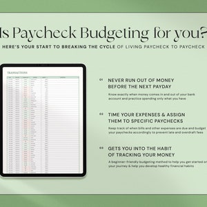 以下が含まれることがあります： 「Is Paycheck Budgeting for you?」のテキストと、財務データを含むスプレッドシートを表示するデジタルタブレット。お金がなくなることの回避、支出のタイミング、お金の追跡などの利点。背景はソフトグリーンです。