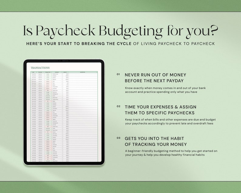 以下が含まれることがあります： 「Is Paycheck Budgeting for you?」のテキストと、財務データを含むスプレッドシートを表示するデジタルタブレット。お金がなくなることの回避、支出のタイミング、お金の追跡などの利点。背景はソフトグリーンです。