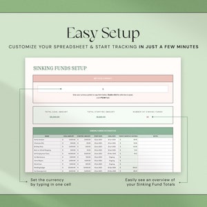 Puede incluir: Una hoja de c&aacute;lculo titulada "Sinking Funds Setup" con el texto "Easy Setup" y "Personalice su hoja de c&aacute;lculo y comience a realizar un seguimiento en unos minutos". La hoja de c&aacute;lculo incluye campos para la moneda, el importe objetivo y la informaci&oacute;n del fondo de amortizaci&oacute;n.
