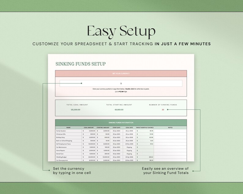 Puede incluir: Una hoja de c&aacute;lculo titulada "Sinking Funds Setup" con el texto "Easy Setup" y "Personalice su hoja de c&aacute;lculo y comience a realizar un seguimiento en unos minutos". La hoja de c&aacute;lculo incluye campos para la moneda, el importe objetivo y la informaci&oacute;n del fondo de amortizaci&oacute;n.