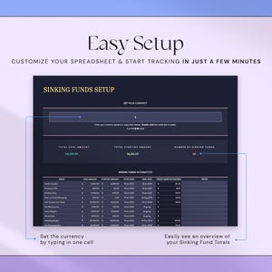 K&ouml;nnte beinhalten: Eine digitale Tabellenkalkulationsoberfl&auml;che mit dem Text "Easy Setup" und "Sinking Funds Setup". Die Oberfl&auml;che zeigt Felder f&uuml;r W&auml;hrung, Gesamtbetrag und Informationen zu R&uuml;cklagenfonds an.