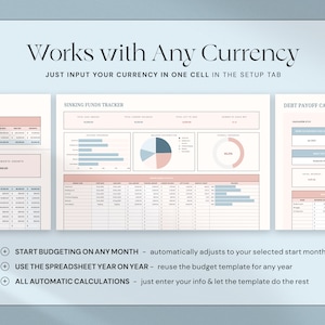 May include: A digital financial planning template with a light blue and pink color scheme. The image displays several spreadsheet layouts with charts and tables. Text includes "Works with Any Currency" and "Start Budgeting on Any Month".