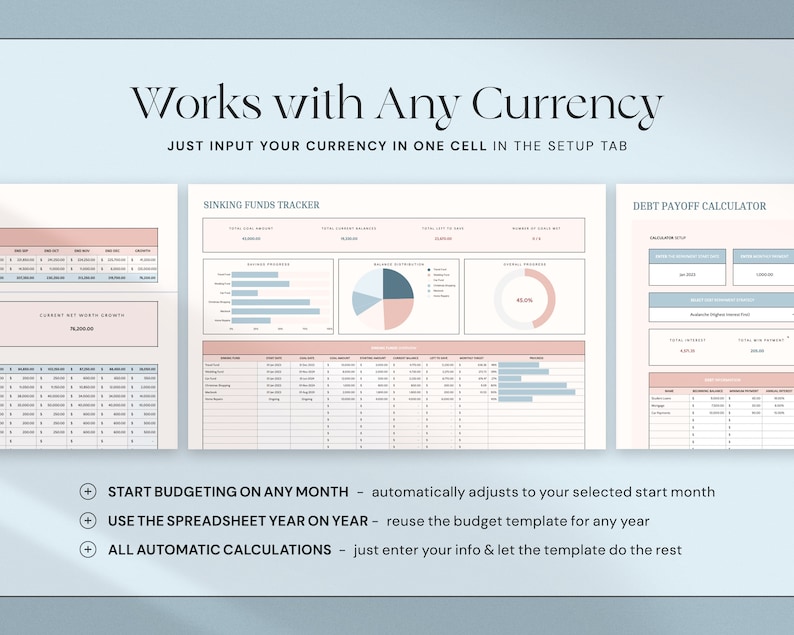 May include: A digital financial planning template with a light blue and pink color scheme. The image displays several spreadsheet layouts with charts and tables. Text includes "Works with Any Currency" and "Start Budgeting on Any Month".