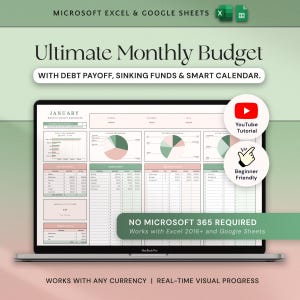 以下が含まれることがあります： 「Ultimate Monthly Budget」というタイトルのスプレッドシートが表示されたラップトップの画面。画面には「January」というテキストとともにグラフと表が表示されています。追加のテキストには「Works with any currency」と「Beginner Friendly」が含まれています。