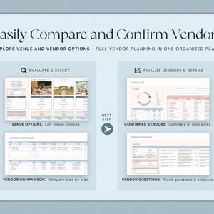 May include: A light blue graphic with the text "Easily Compare and Confirm Vendors." The image shows a vendor planning guide with sections for venue options, vendor comparison, and finalizing details. The guide is designed to help organize vendor choices.