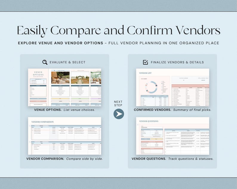 May include: A light blue graphic with the text "Easily Compare and Confirm Vendors." The image shows a vendor planning guide with sections for venue options, vendor comparison, and finalizing details. The guide is designed to help organize vendor choices.