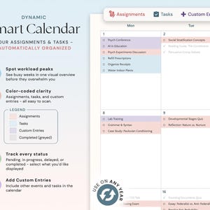 May include: A digital smart calendar interface with a white background. The calendar displays assignments, tasks, and custom entries, color-coded for clarity. The interface includes a legend and options to track status and add entries.