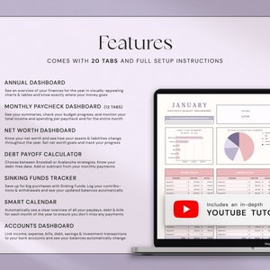 K&ouml;nnte beinhalten: Ein Laptop mit einem Finanz-Dashboard mit Diagrammen und Tabellen. Der Bildschirm zeigt eine Budget&uuml;bersicht f&uuml;r Januar mit Abschnitten f&uuml;r Einnahmen, Ausgaben und Cashflow. Der Text enth&auml;lt "Funktionen" und "Kommt mit 20 Tabs und vollst&auml;ndigen Setup-Anweisungen".
